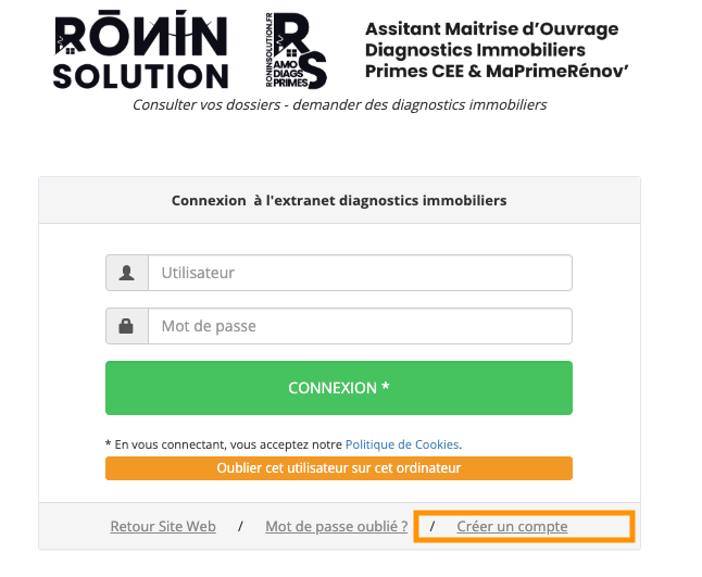 Créer un compte - Demander devis et extranet